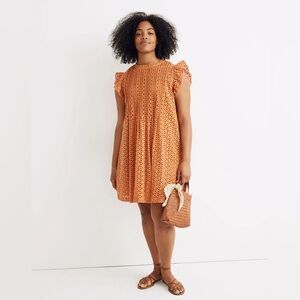 NWT Madewell Eyelet Mini Dress Ruffle Sleeve Pintuck Muled Cider Size S